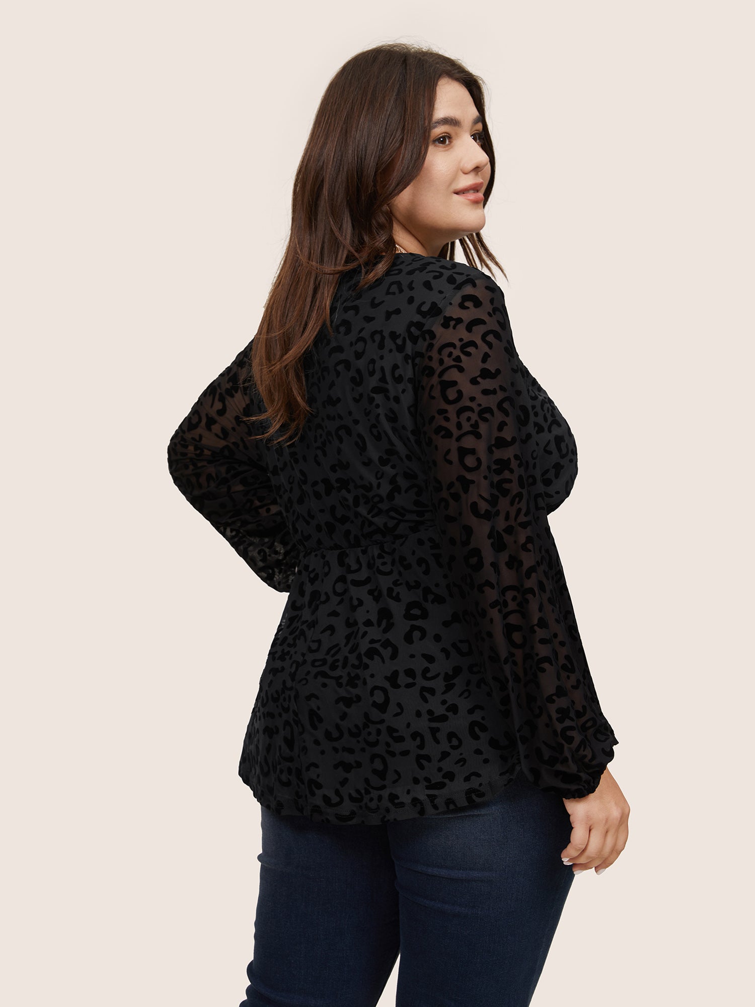 Leopard Flocking Mesh Patchwork Wrap Blouse