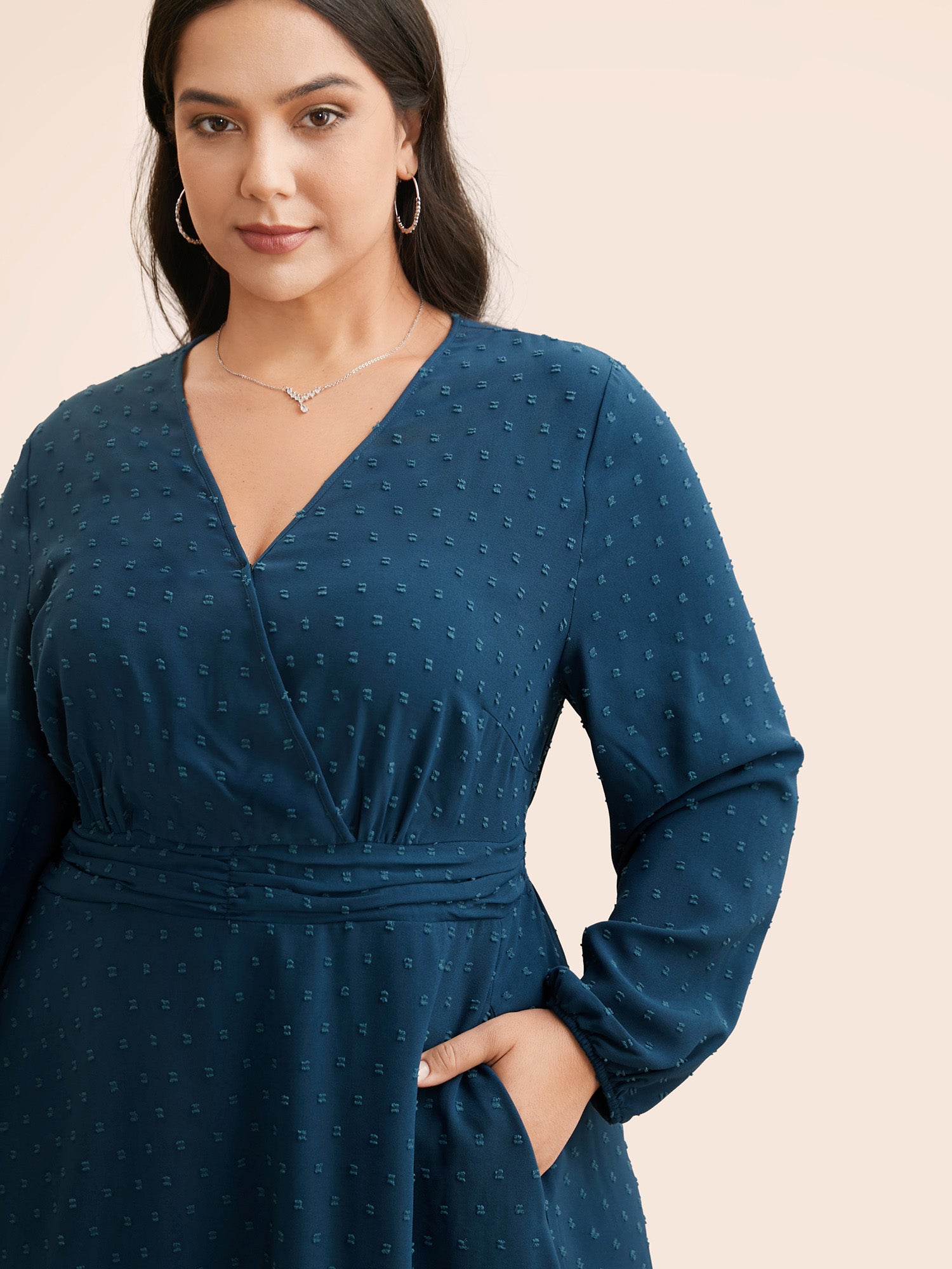 Overlap Collar Textured Ruched Dress