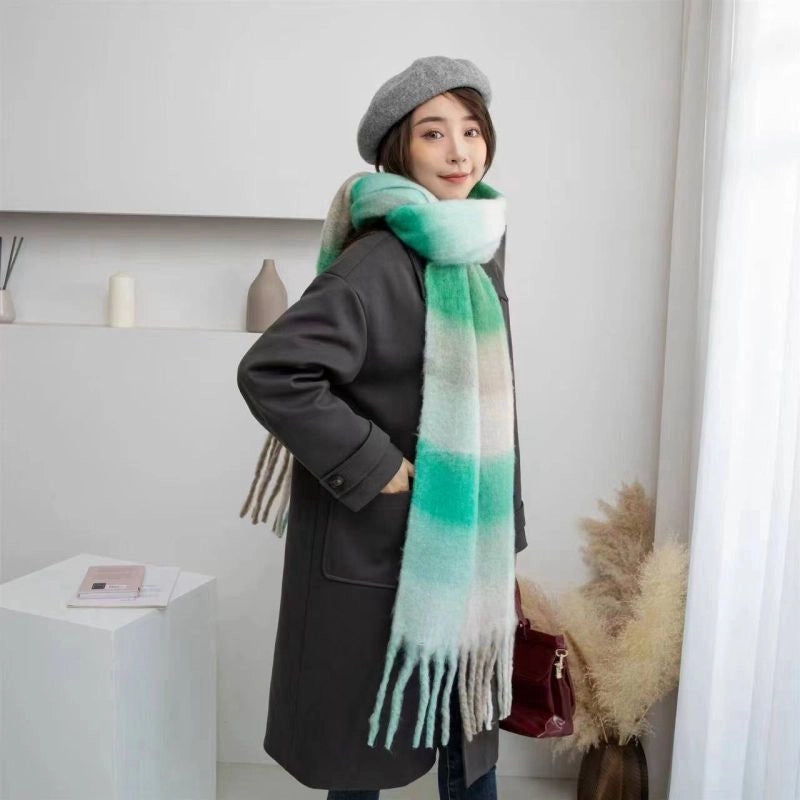 Rainbow Plaid Scarf Women's Autumn And Winter Thickened Mohair Student Couple Contrast Color Matching Thickened