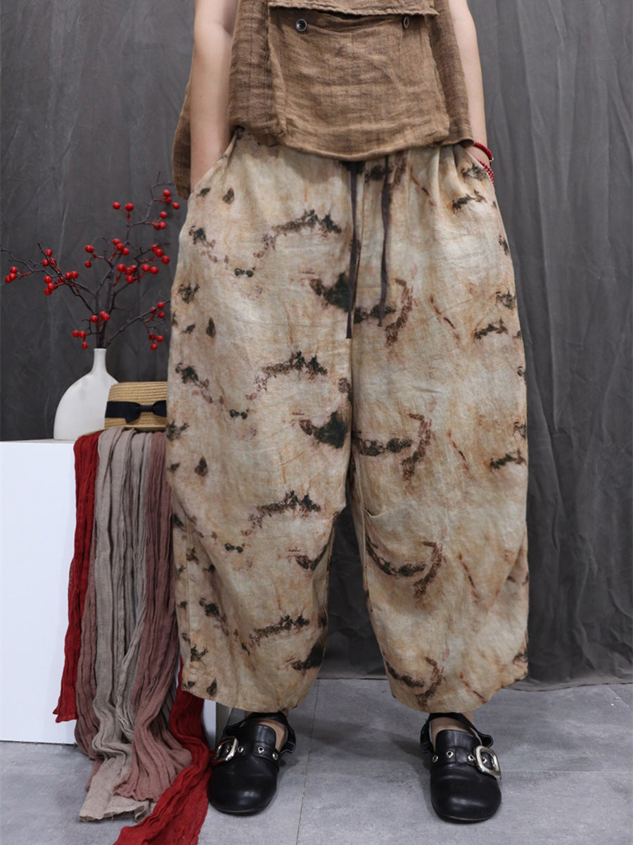 Women Artsy Summer Flower 100%Linen Harem Pants