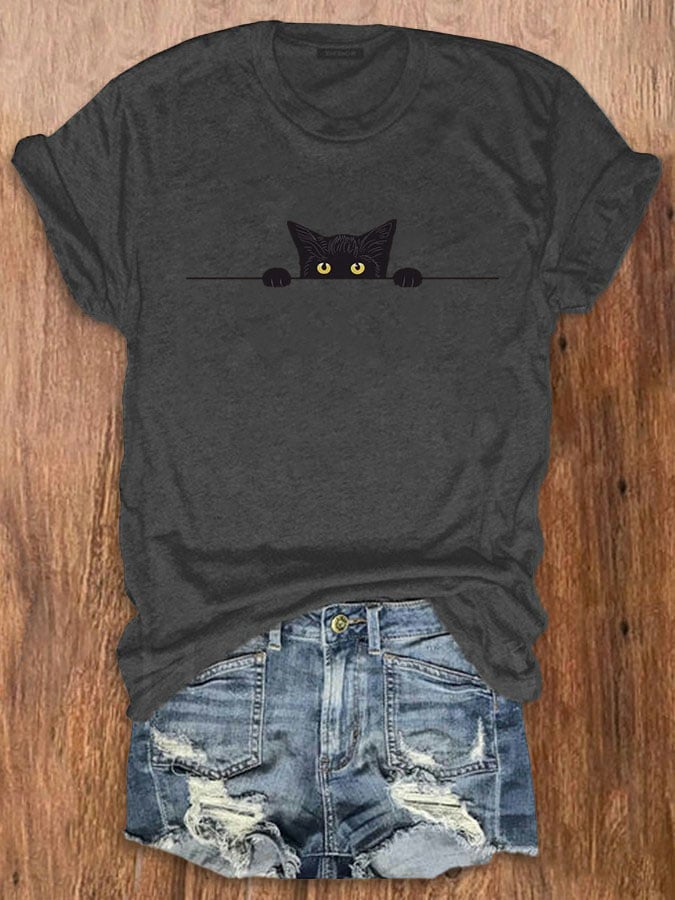 Women's Black Cat Print Crew Neck T-Shirt