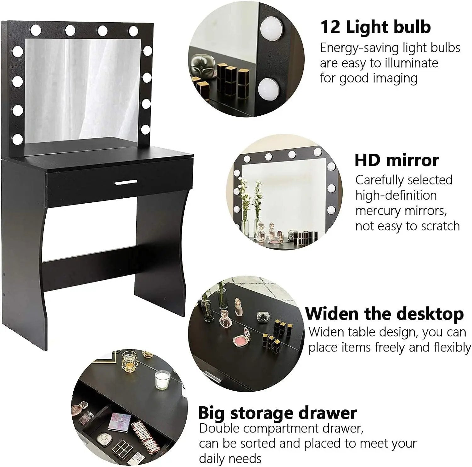 Vanity Table Set with Lighted Mirror - Makeup Vanity with Charging Station