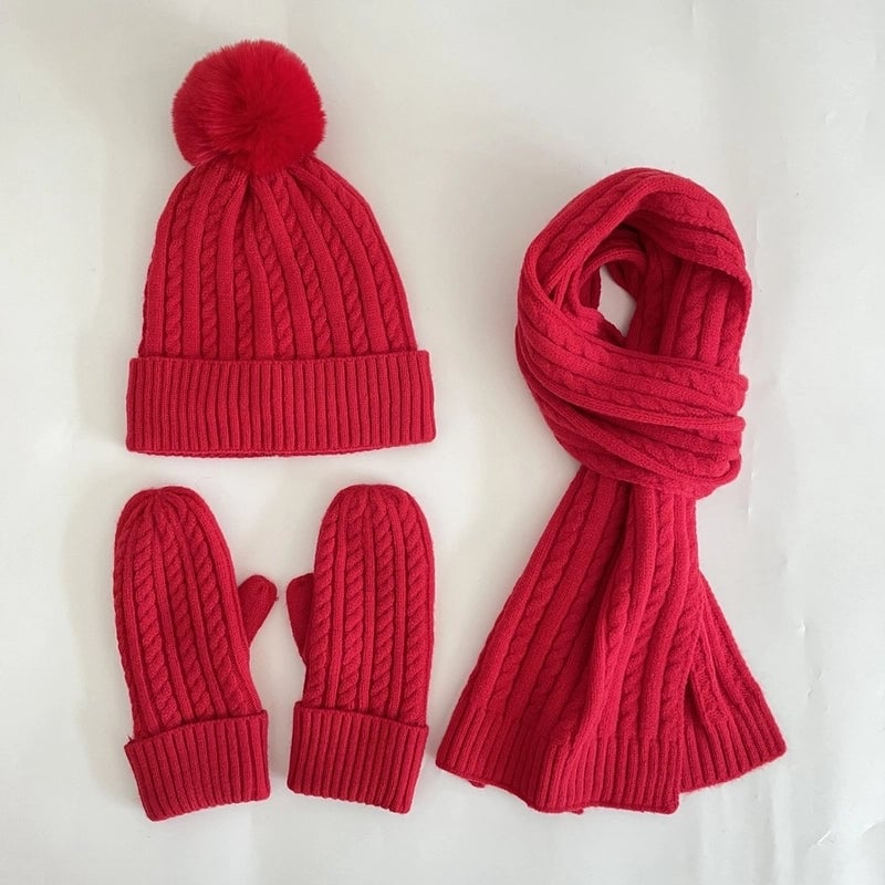 Winter Women's Knitted Hat Scarf Gloves Three-piece Set New Solid Color Plus Velvet Wool Hat Warm Suit