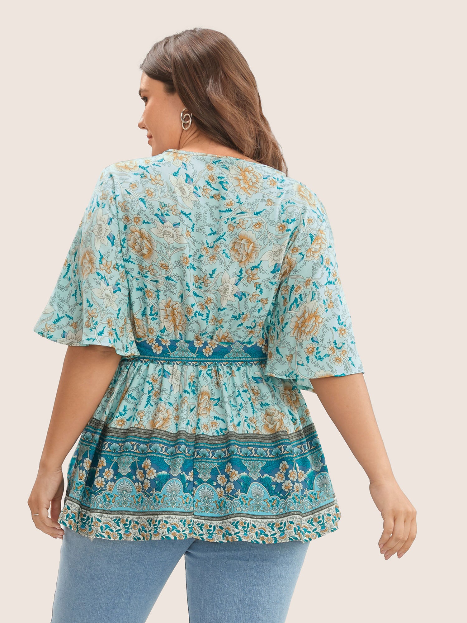 Floral Print Ruffles Belted Blouse