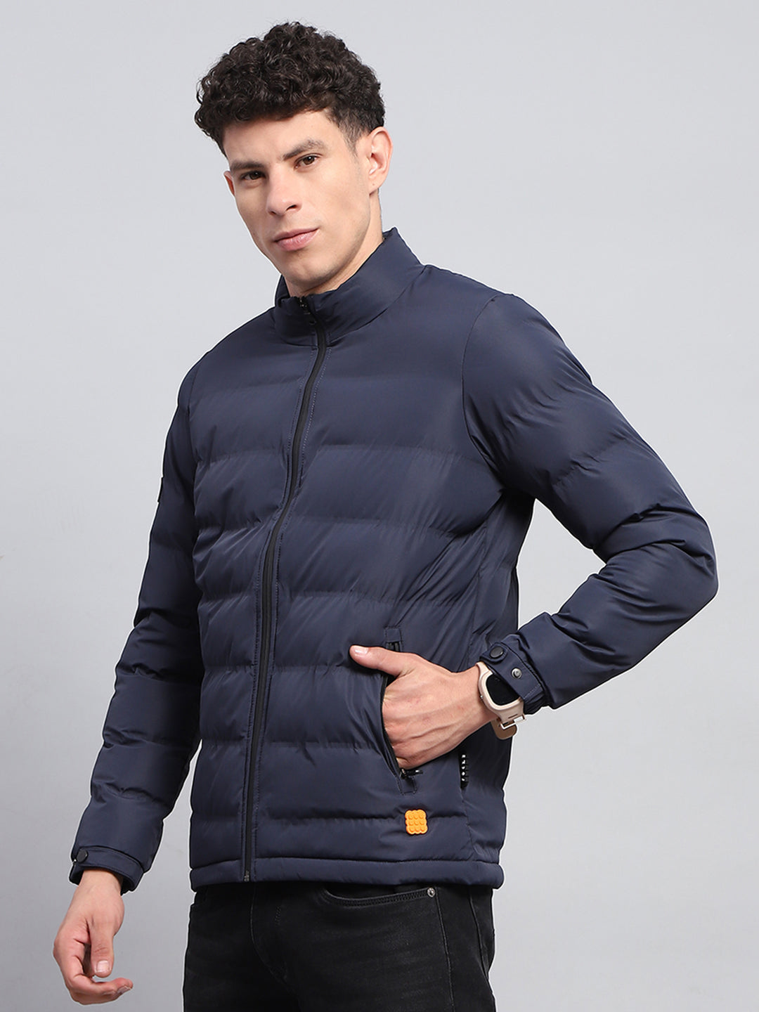 Men Navy Blue Solid Mock Neck Full Sleeve Jacket