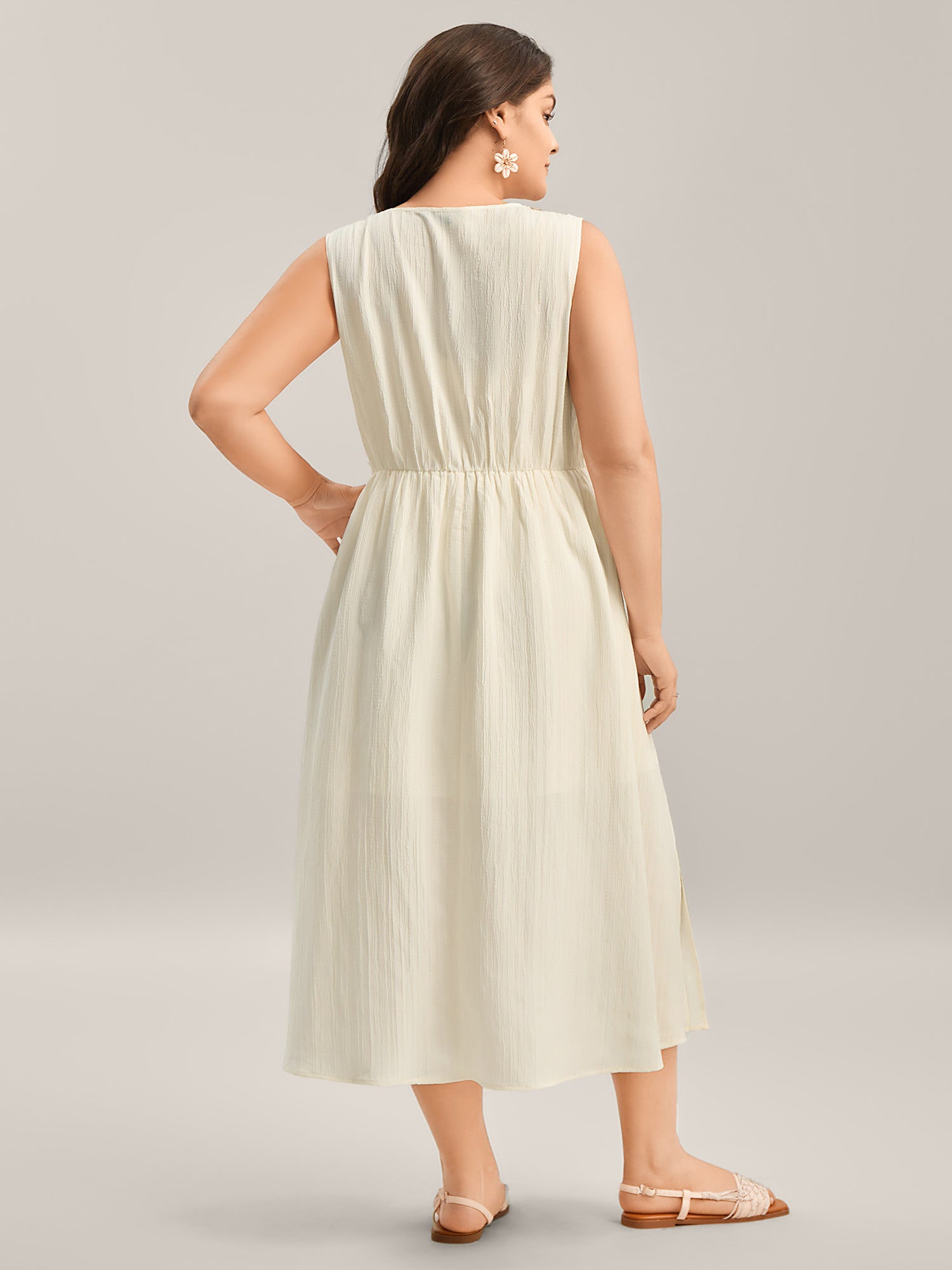 Textured Solid Lace Trim Midi Dress