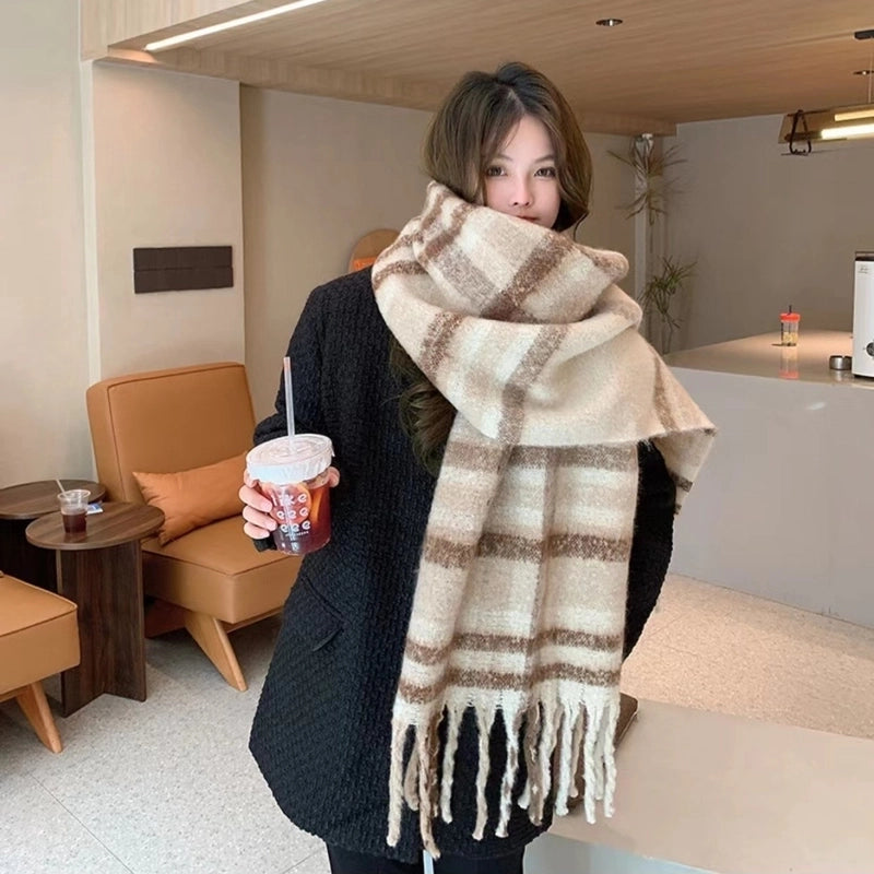 Mohair Plaid Scarf Women's Winter  Versatile Tassel Student Long Thickened Warm Scarf Large Shawl Fashion