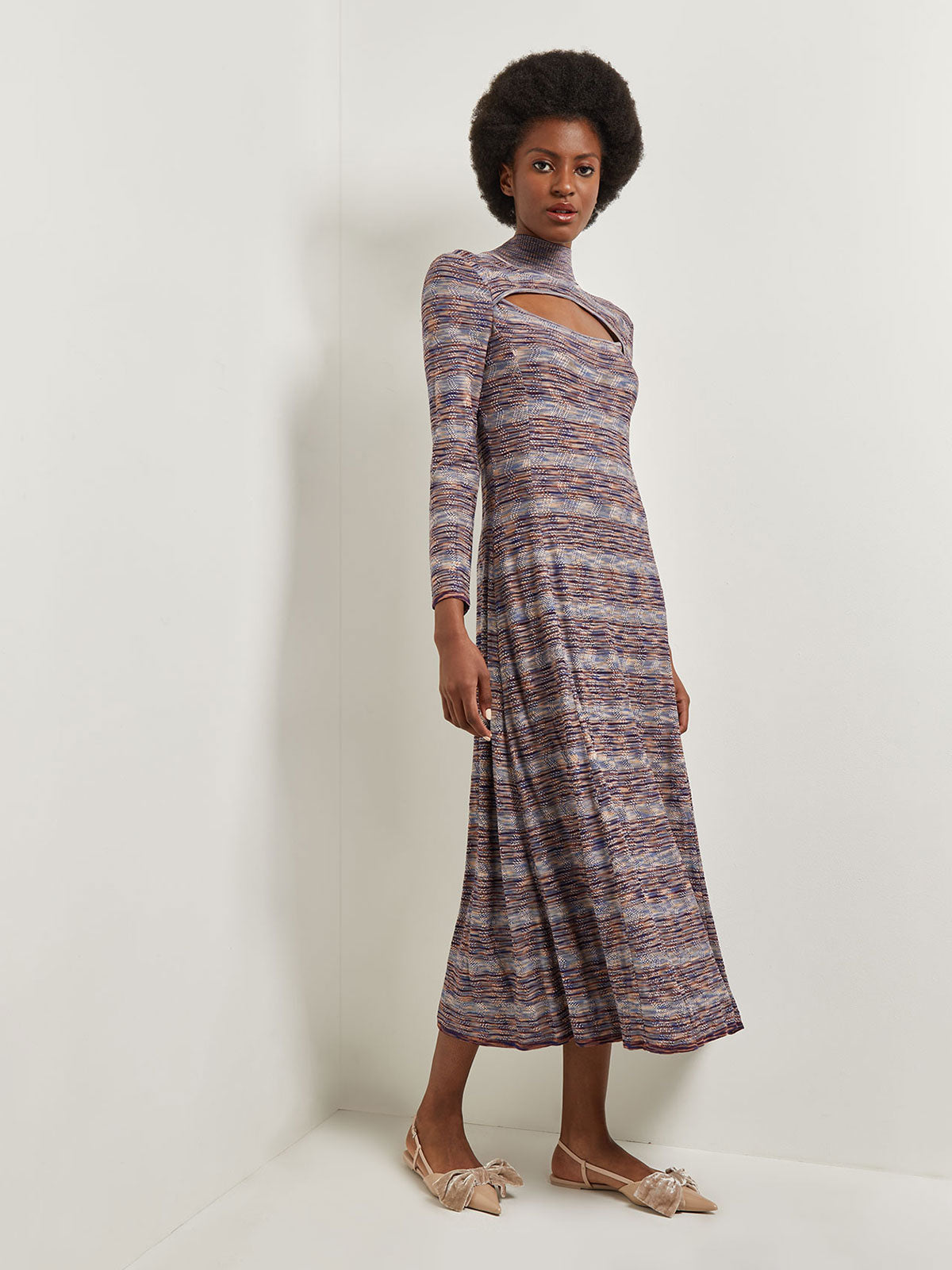 Modern Fit-and-Flare Melange Knit Cutout Midi Dress