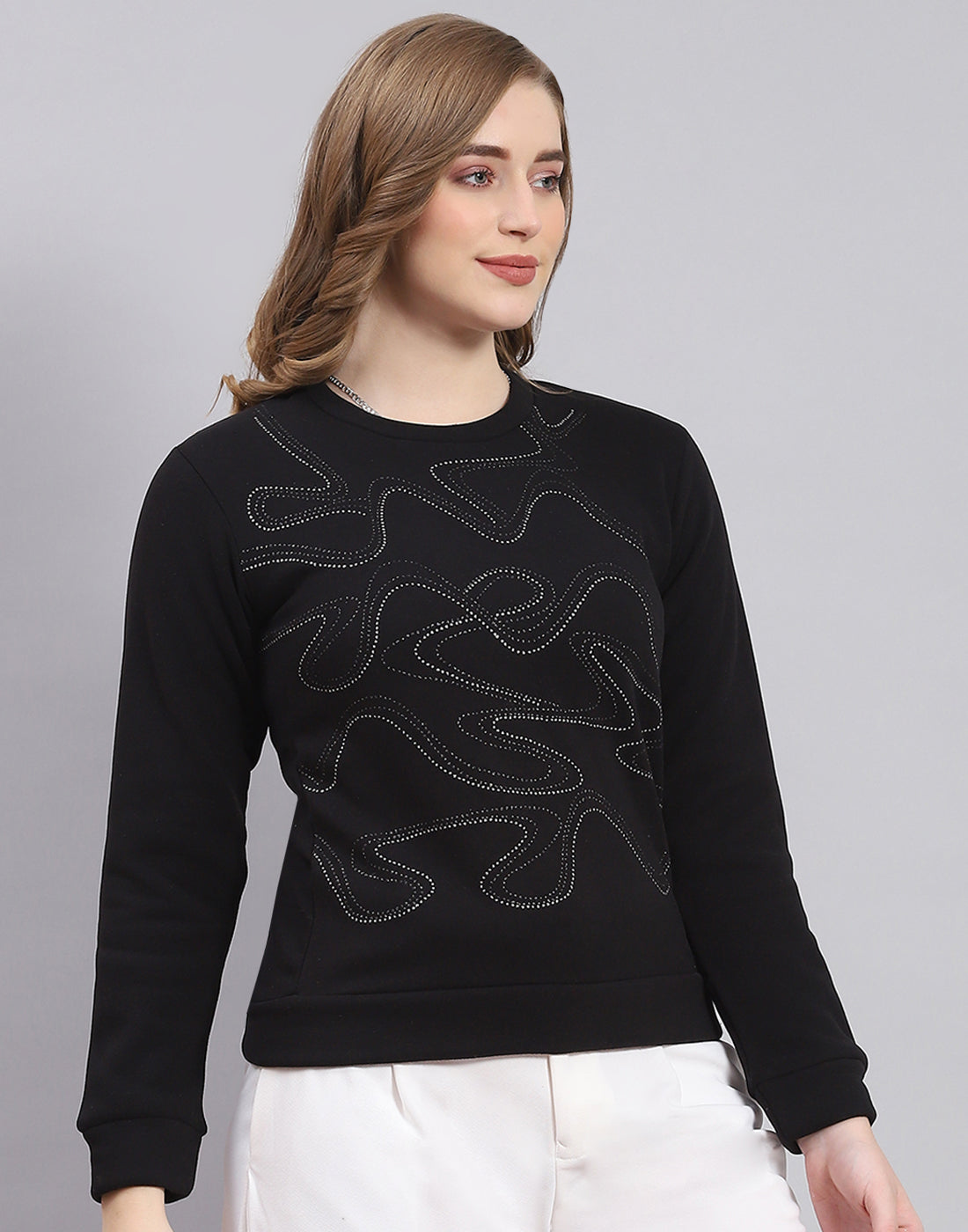 Women Black Printed Round Neck Full Sleeve Sweatshirt