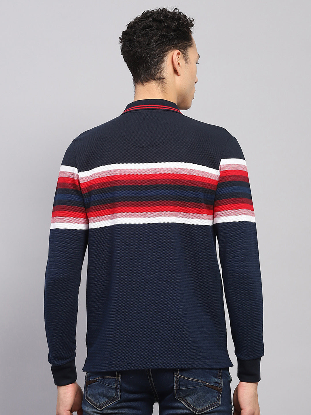 Men Navy Blue Stripe Collar Full Sleeve Winter T-Shirt