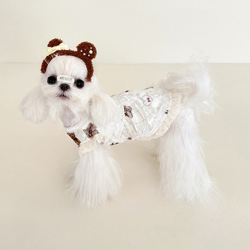 Velvet Lace Bear Printed Dog Cat Dress/Vest