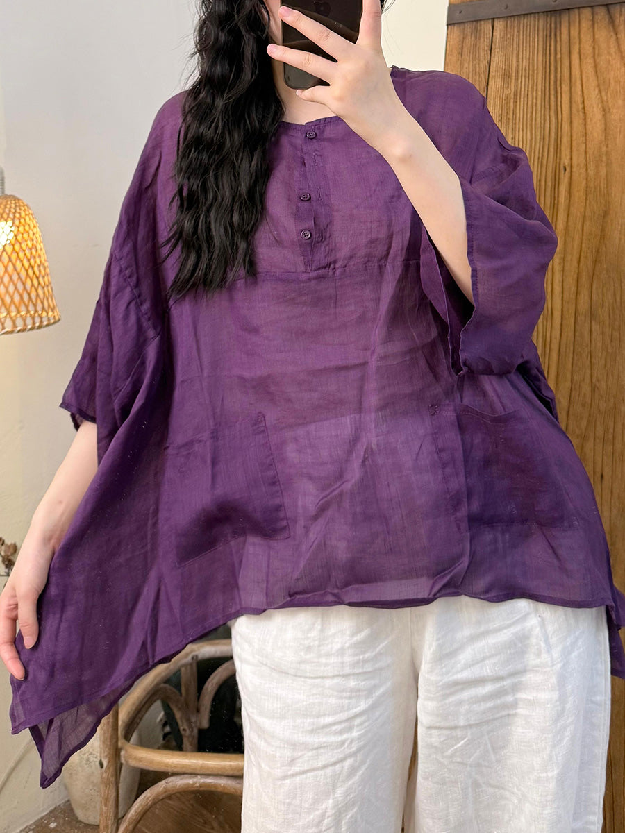 Women Summer Artsy Pure Color Ramie O-Neck Shirt