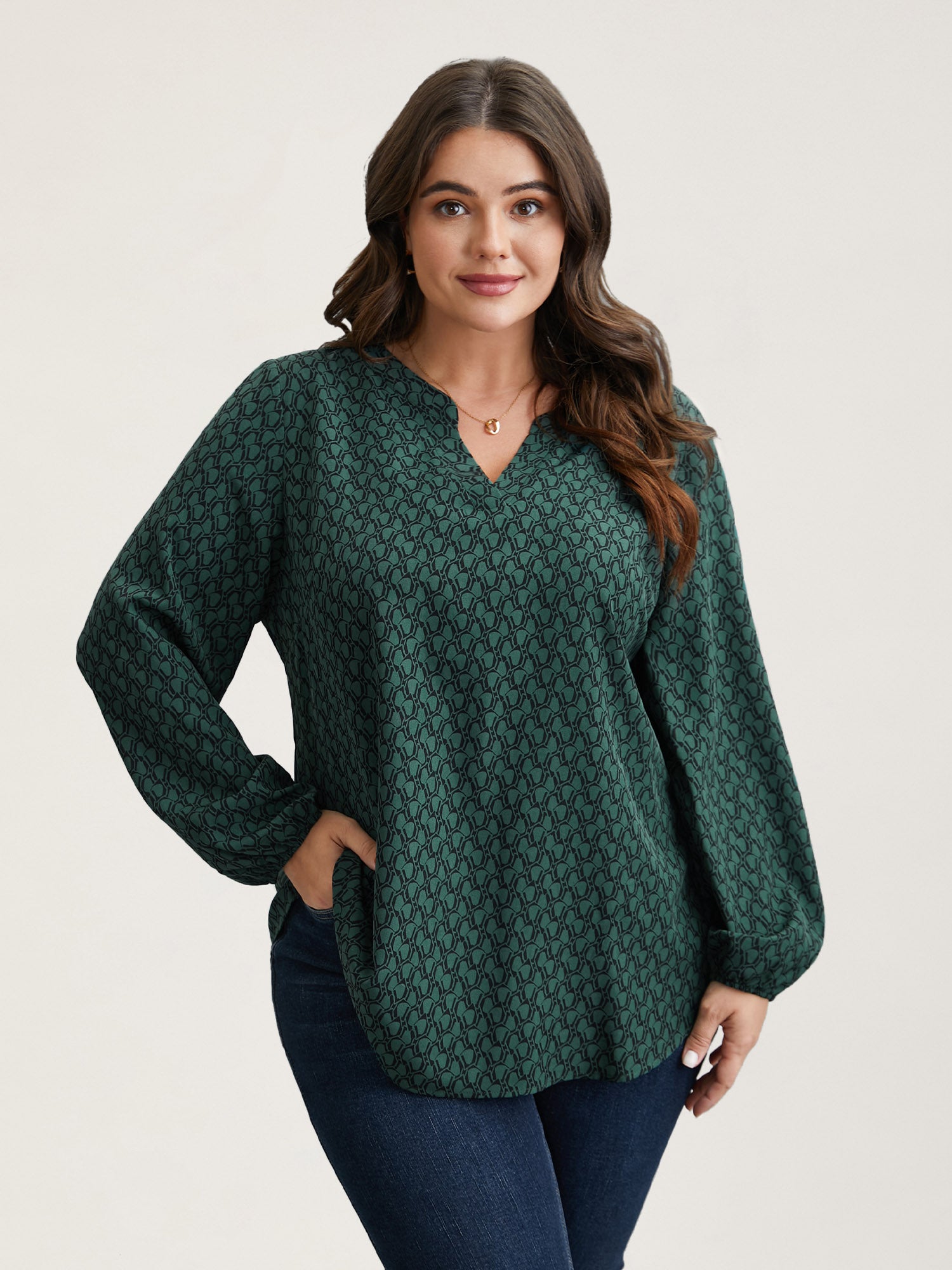 Notched Collar Geometric Print Flowy Blouse