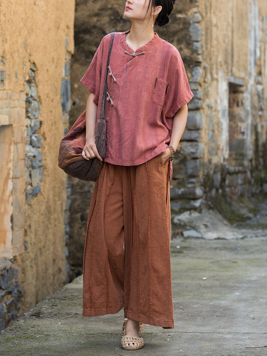 Women Summer Ethnic Pure Color Stand Collar Linen Shirt