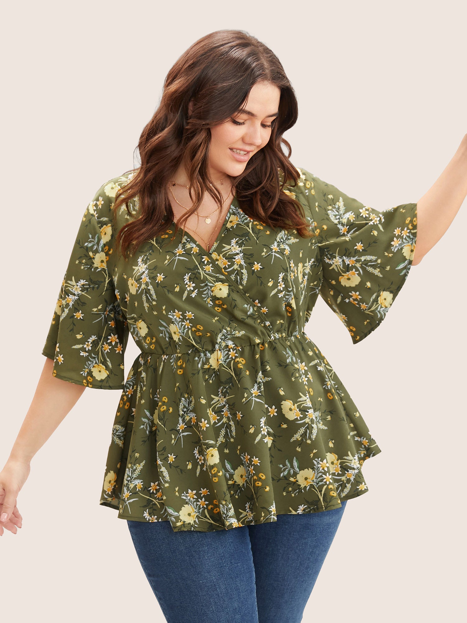Floral Print Ruffles Surplice Neck Blouse