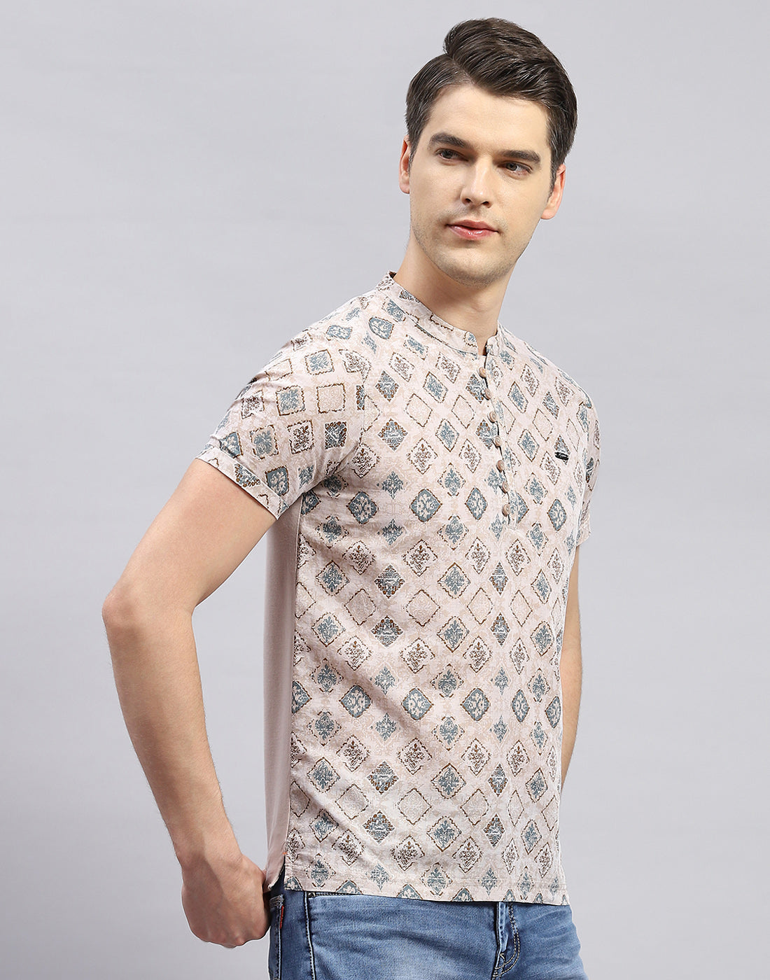 Men Beige Printed Band Collar Half Sleeve Kurta