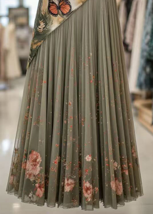 Stylish Green Asymmetrical Print Tulle Patchwork Pleated Skirt Summer