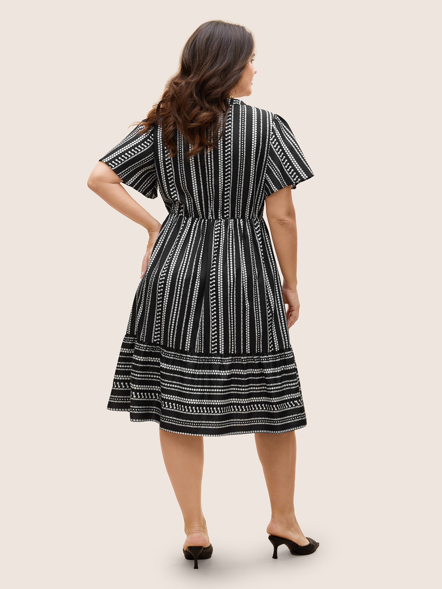 Striped Elastic Waist Ruffle Sleeve Dress