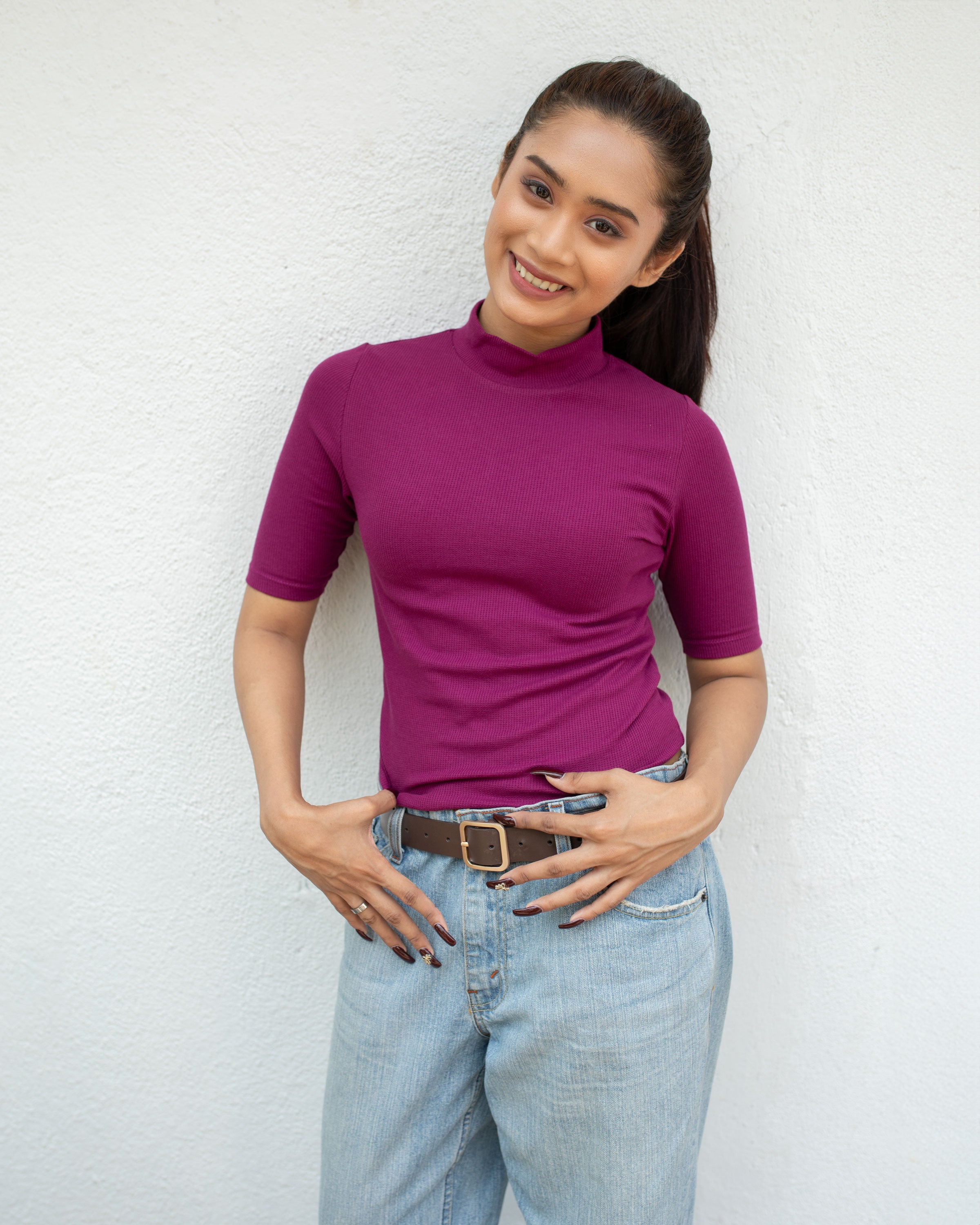 Clara High Neck Ribbed Top -Magenta