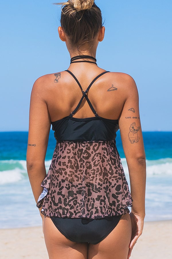 Mesh Patchwork Leopard Print Tankini Set