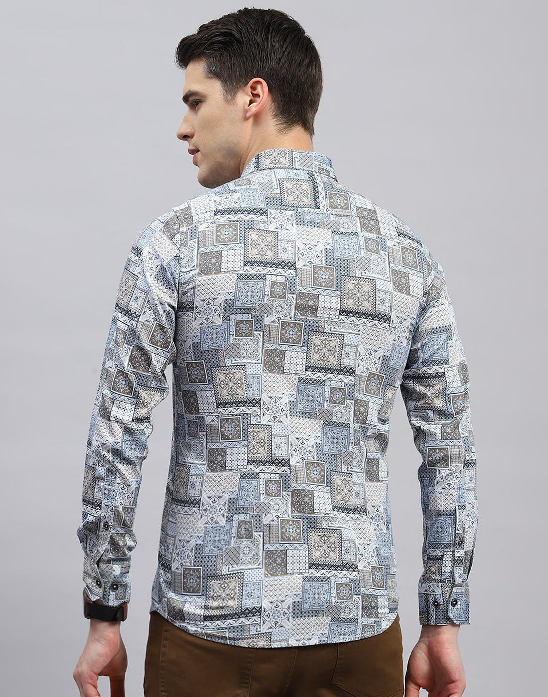 Men Blue Printed Collar Full Sleeve Shirt