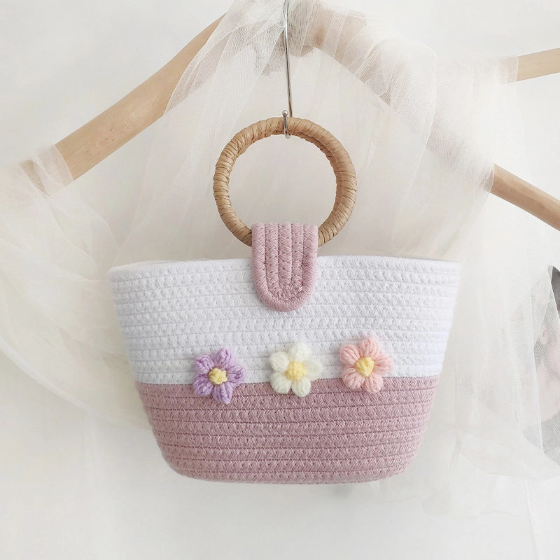 Women's Medium Cotton Color Block Flower Cute Weave Bucket Open Straw Bag