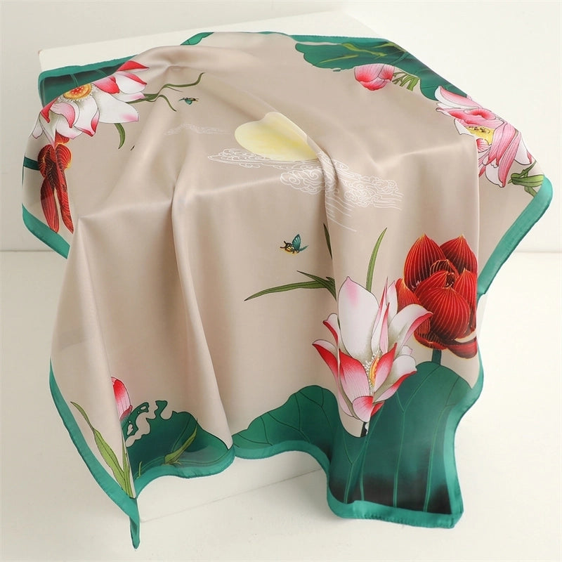 Women's Elegant Flower Satin Printing Silk Scarf