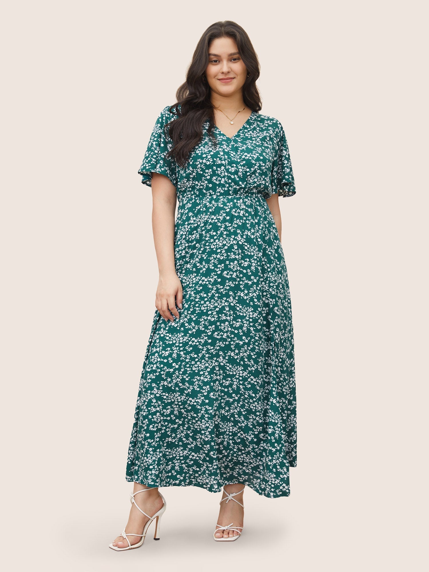 Bloom Dress - Flutter Sleeve Ditsy Floral Bag Split Maxi Dress