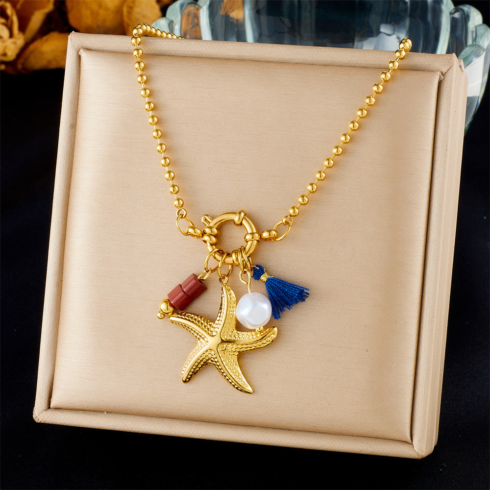Fashion Ocean Series Accessories Pendant Gold-Plated Stainless Steel Starfish Shell Multi-Element Oil Drop Butterfly Necklace
