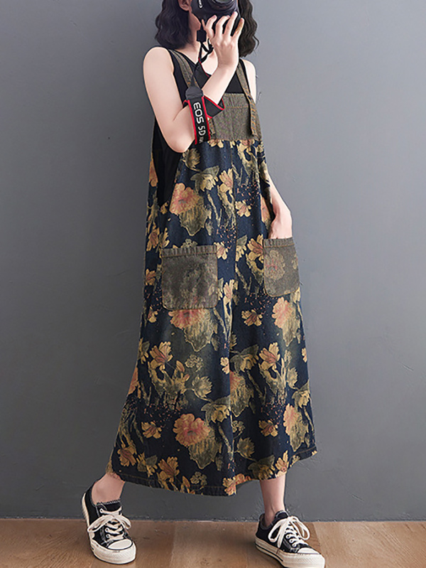 Oversize Wide Leg Floral Printed Split-Joint Overalls