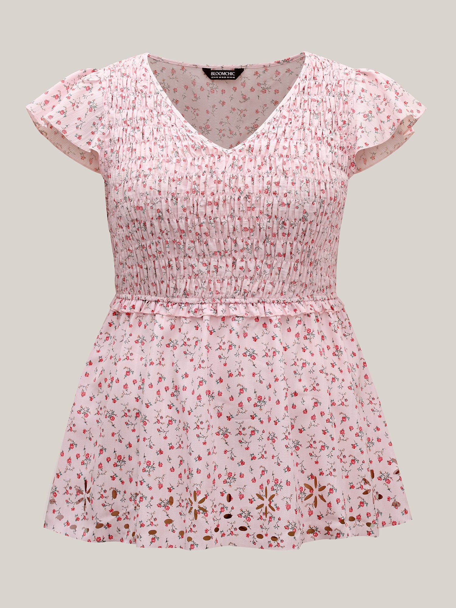 Shirred Laser Cut Hem Floral Blouse