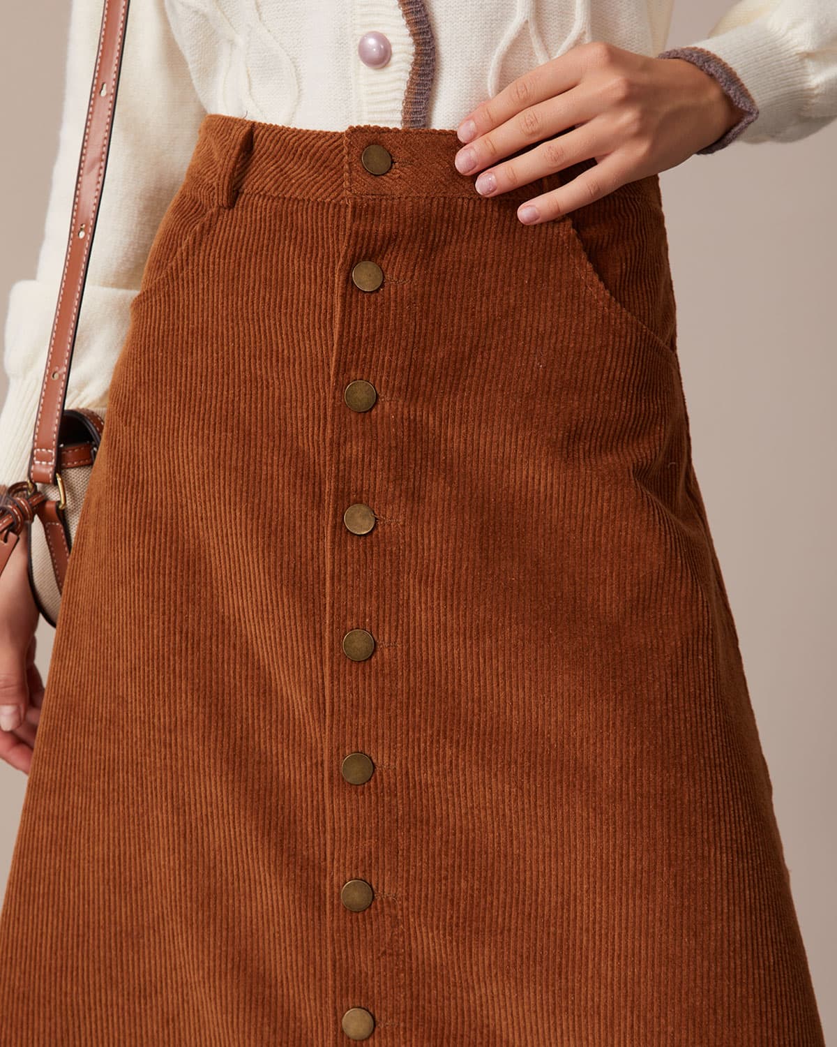 The Brown Button-Front Corduroy Midi Skirt