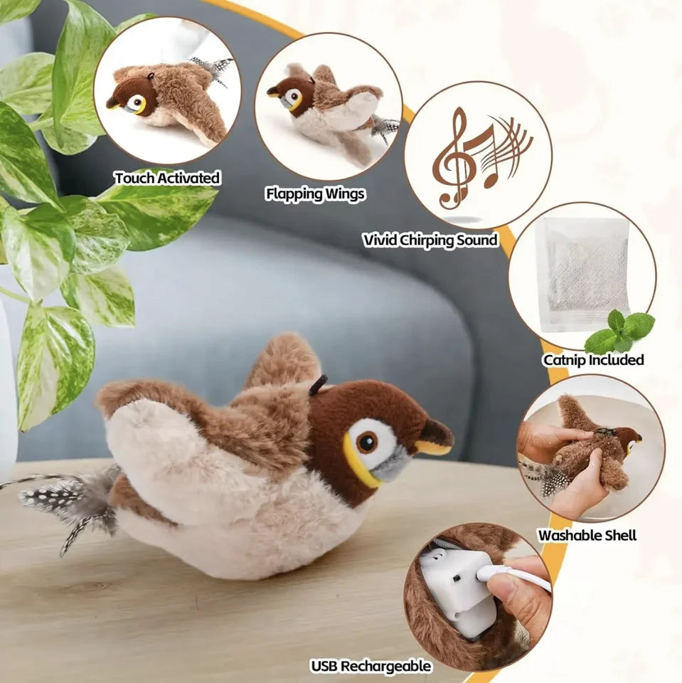 Interactive Chirping Bird Cat Toy – USB Rechargeable. Touch-Activated. Flapping Wings & Cat Teaser Attachment