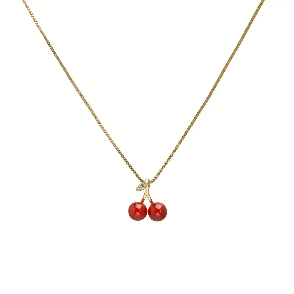 Golden Red Cherries Pendant Chain Necklace Garnet Cherry Charms Necklace Girls Sexy Clavicle Choker Necklace