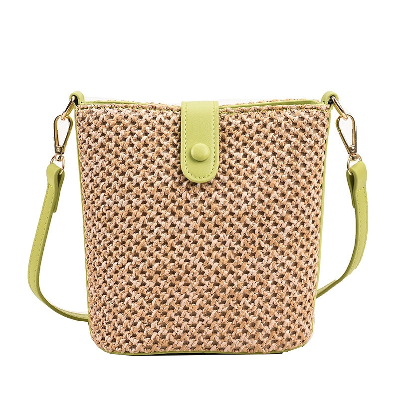 Women's Medium Straw Solid Color Vacation Beach Weave Bucket Lock Clasp Straw Bag