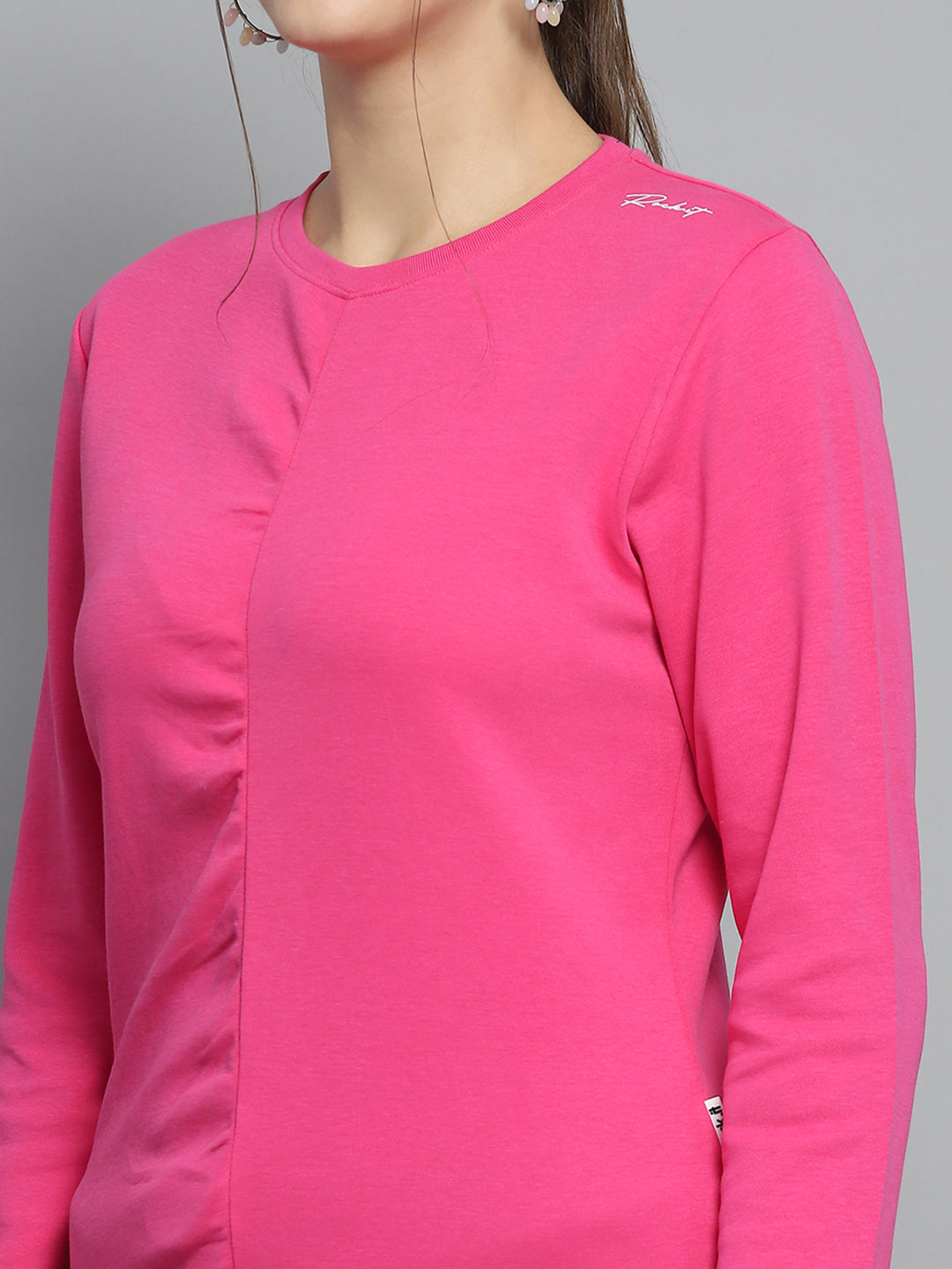 Women Pink Solid Round Neck Full Sleeve Winter Tops