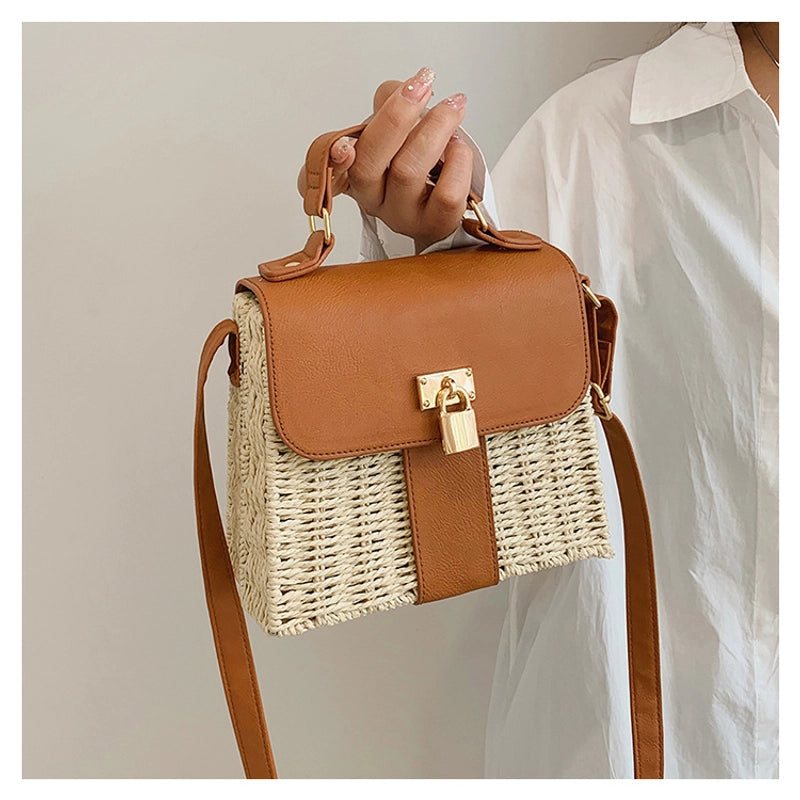 Women's Pu Leather Straw Color Block Vacation Square Lock Clasp Handbag