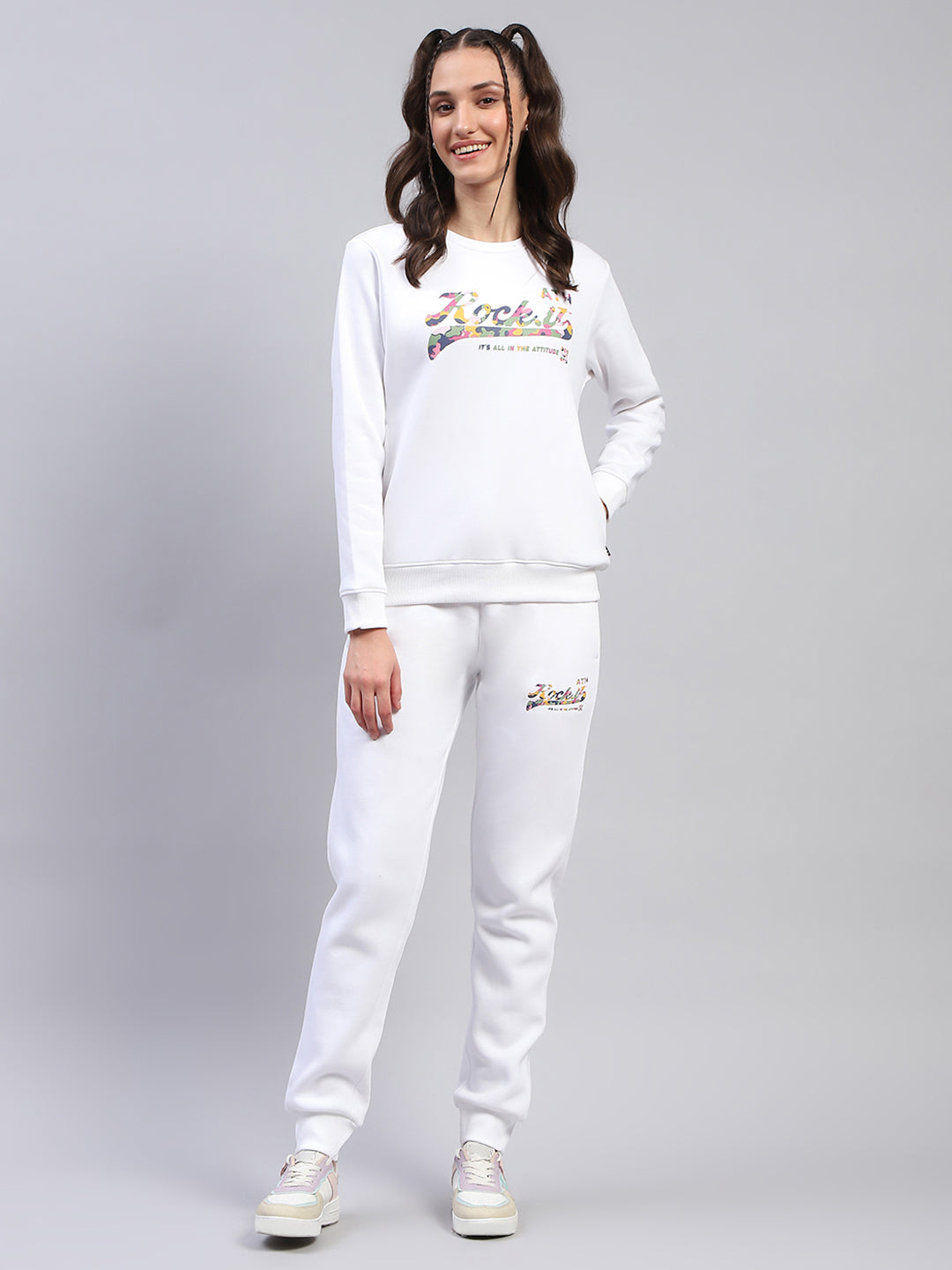 Women White Printed Round Neck Full Sleeve Tracksuit