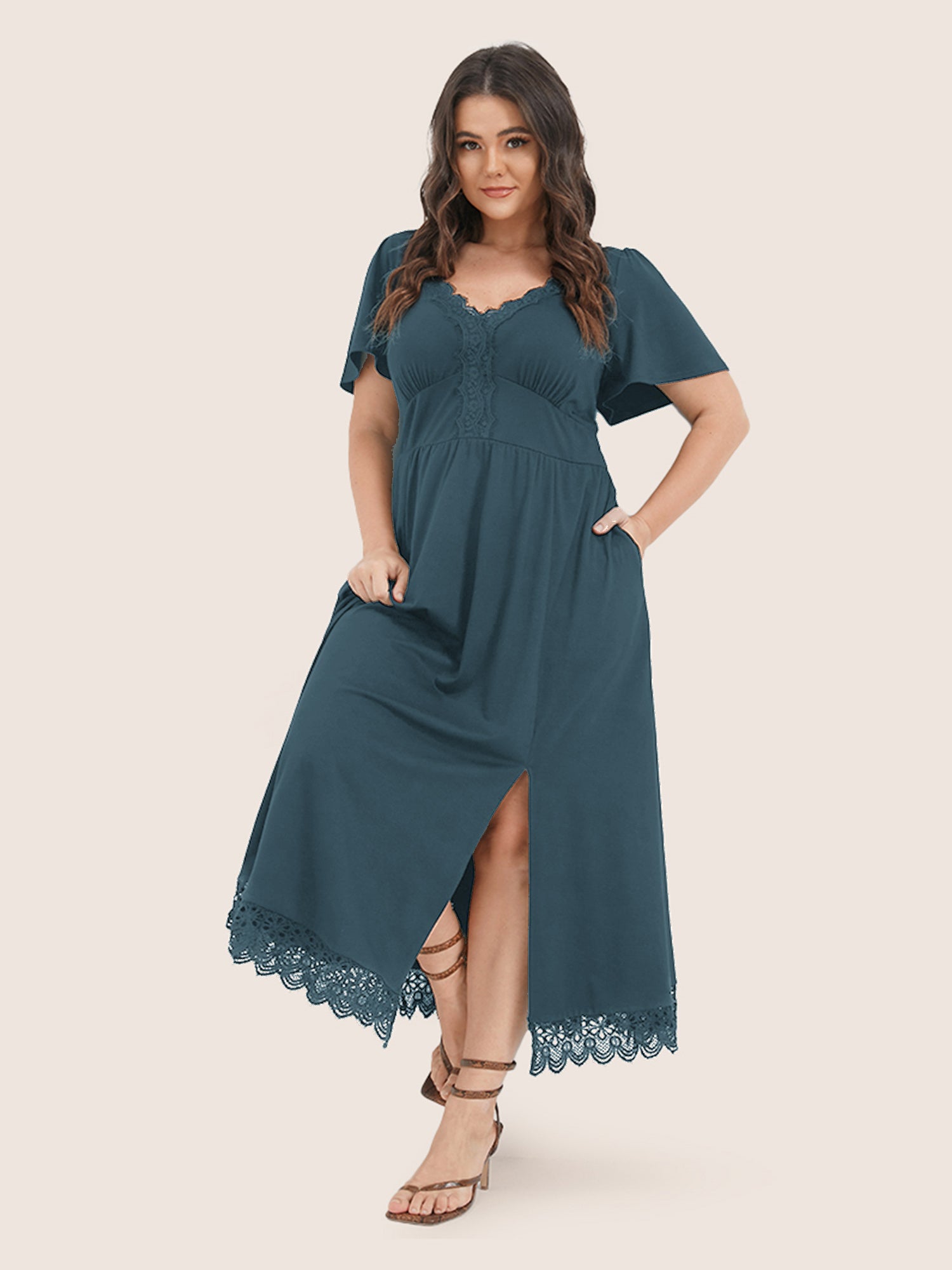 Solid Pocket Contrast Lace Split Maxi Dress