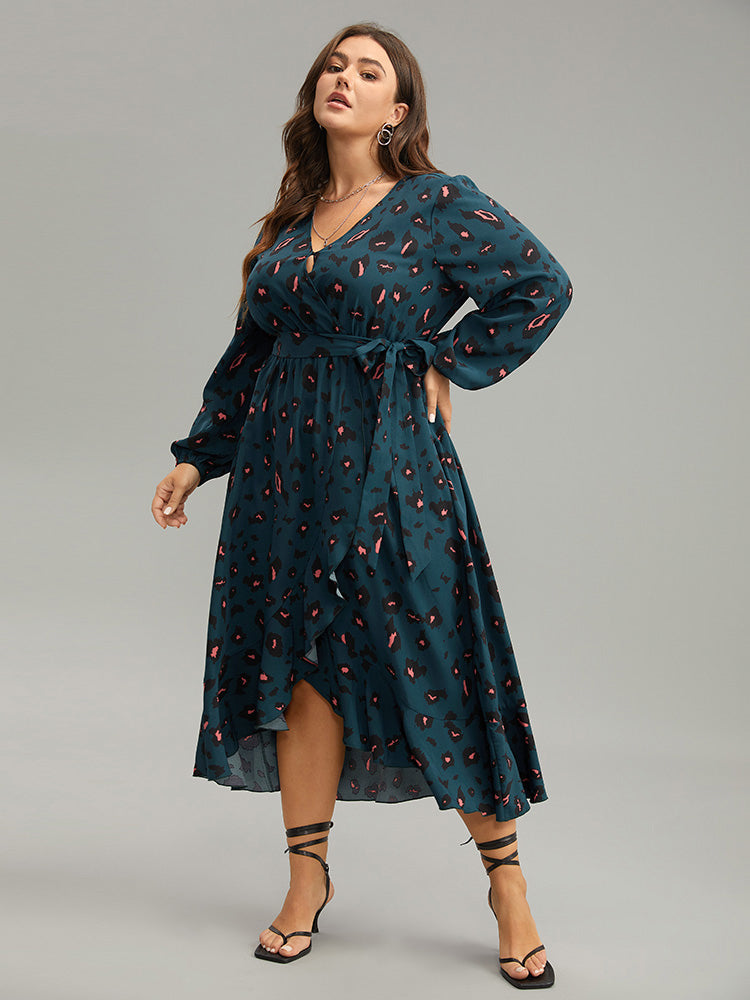 Allover Print Surplice Neck Flutter Trim Dress