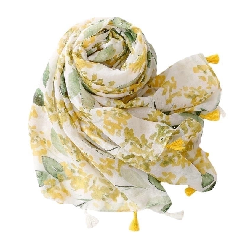 Yarn Cotton Fruit Green Bright Yellow Leaf Printing Tassel Scarf Shawl