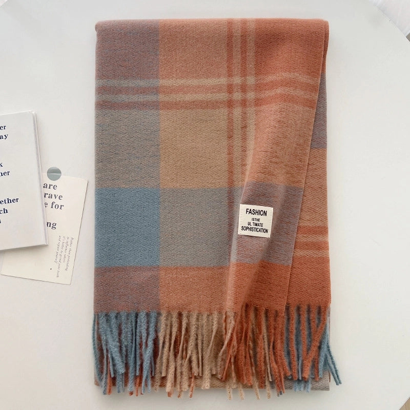 Maillard Brown Plaid Scarf Women's Autumn And Winter  Thickened Warm High-end Wearing Scarf Shawl