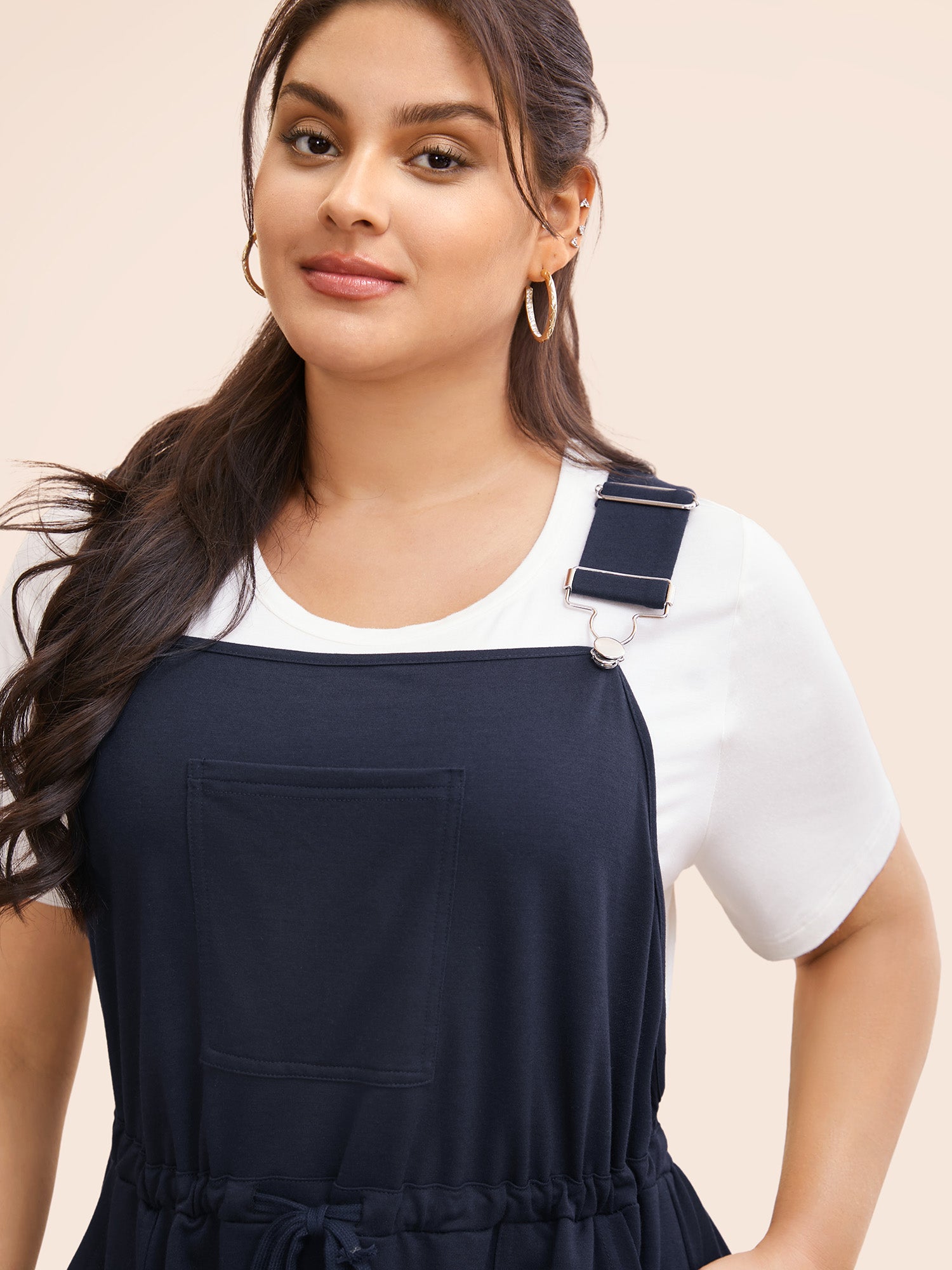 Plain Pocket Drawstring Overall Dress