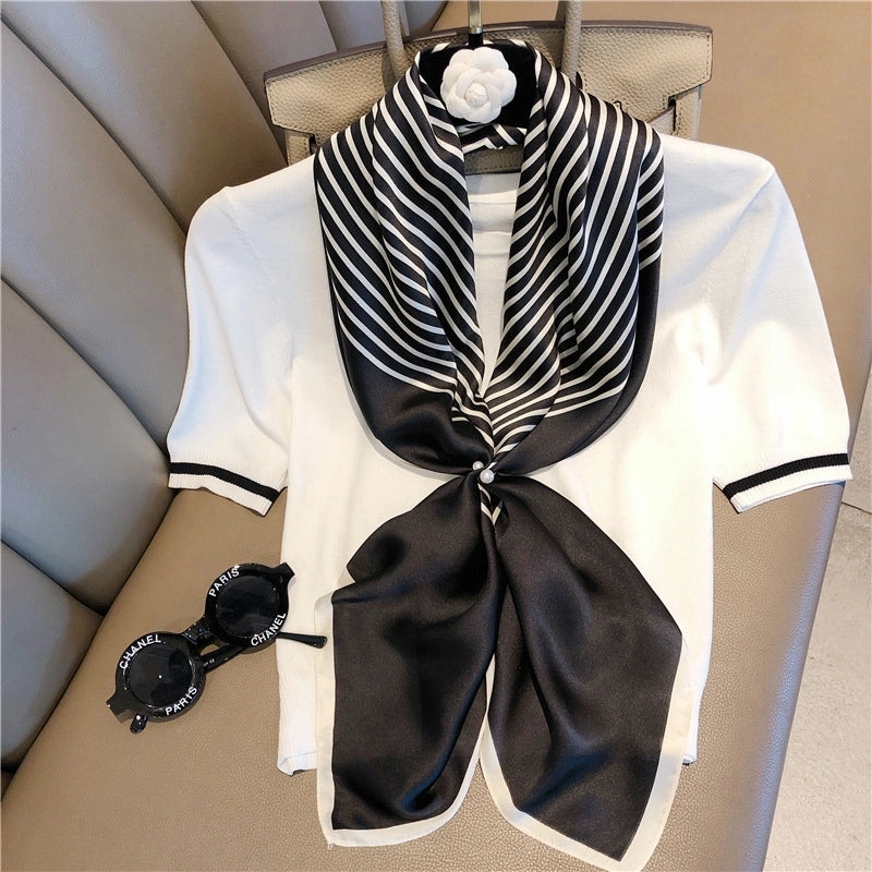 Women's IG Style Elegant Stripe Flower Chains Print Satin Printing Silk Scarf