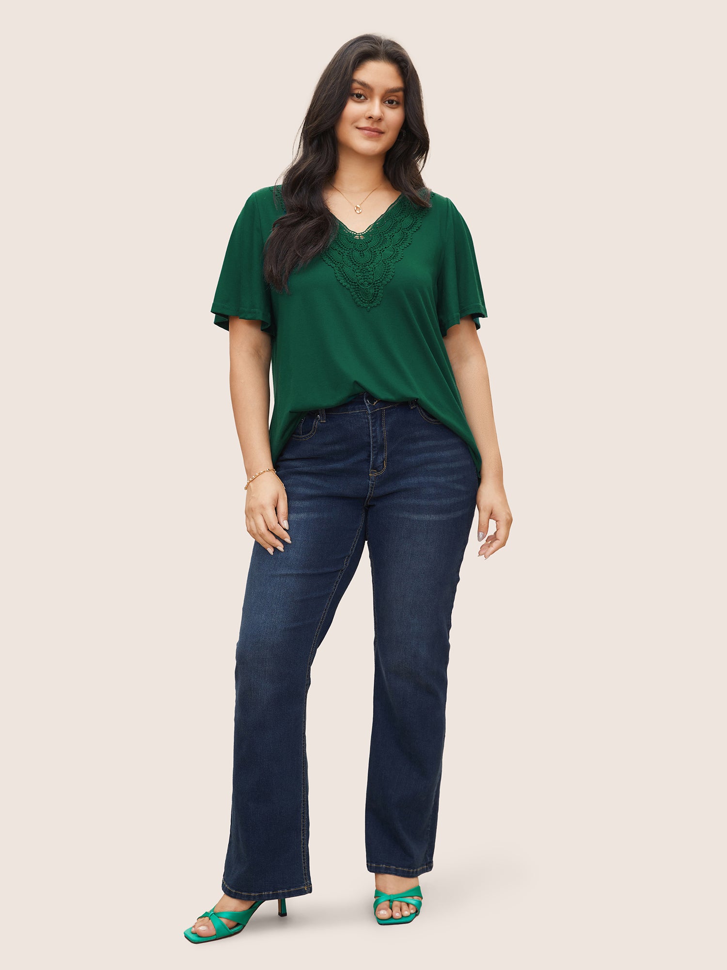 Solid Ruffle Sleeve Lace V Neck T-shirt
