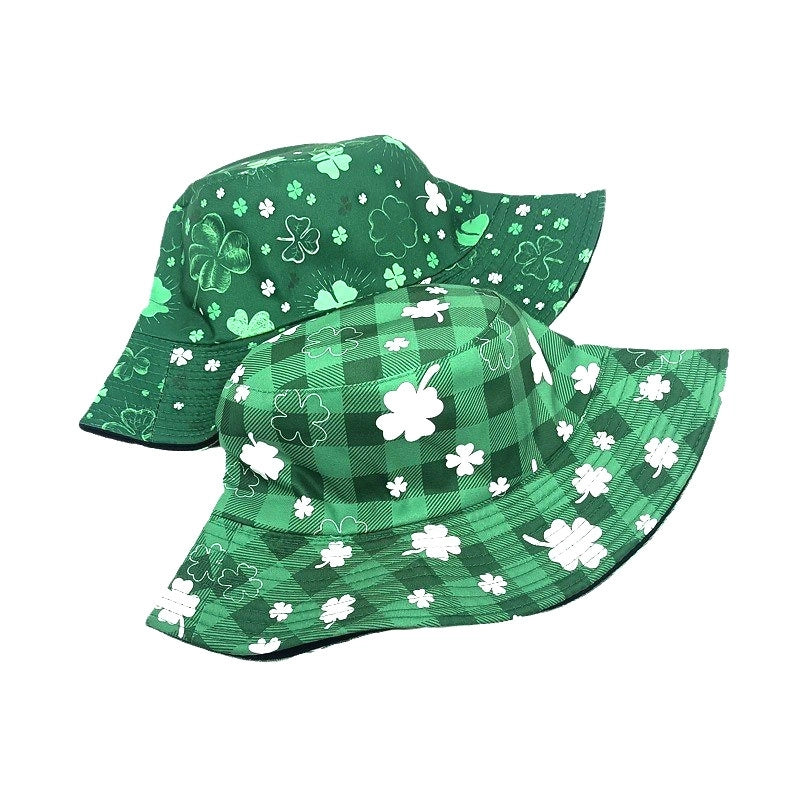 Unisex Retro Four Leaf Clover Printing Wide Eaves Bucket Hat
