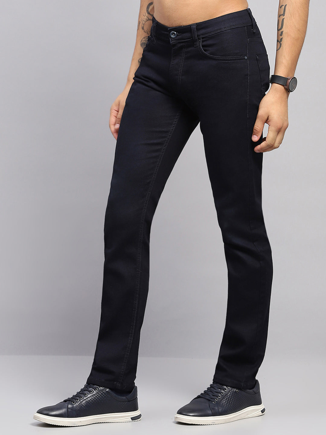 Men Navy Blue Solid Narrow Fit Denim