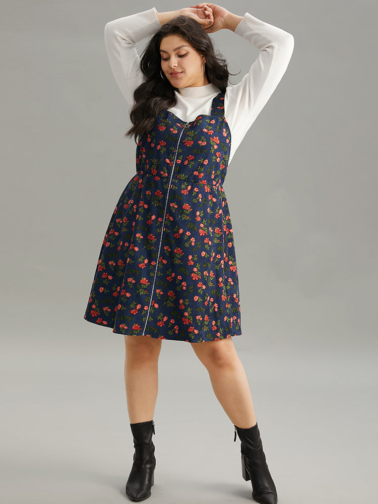 Ditsy Floral Corduroy Pocket Zipper Fly Cami Dress