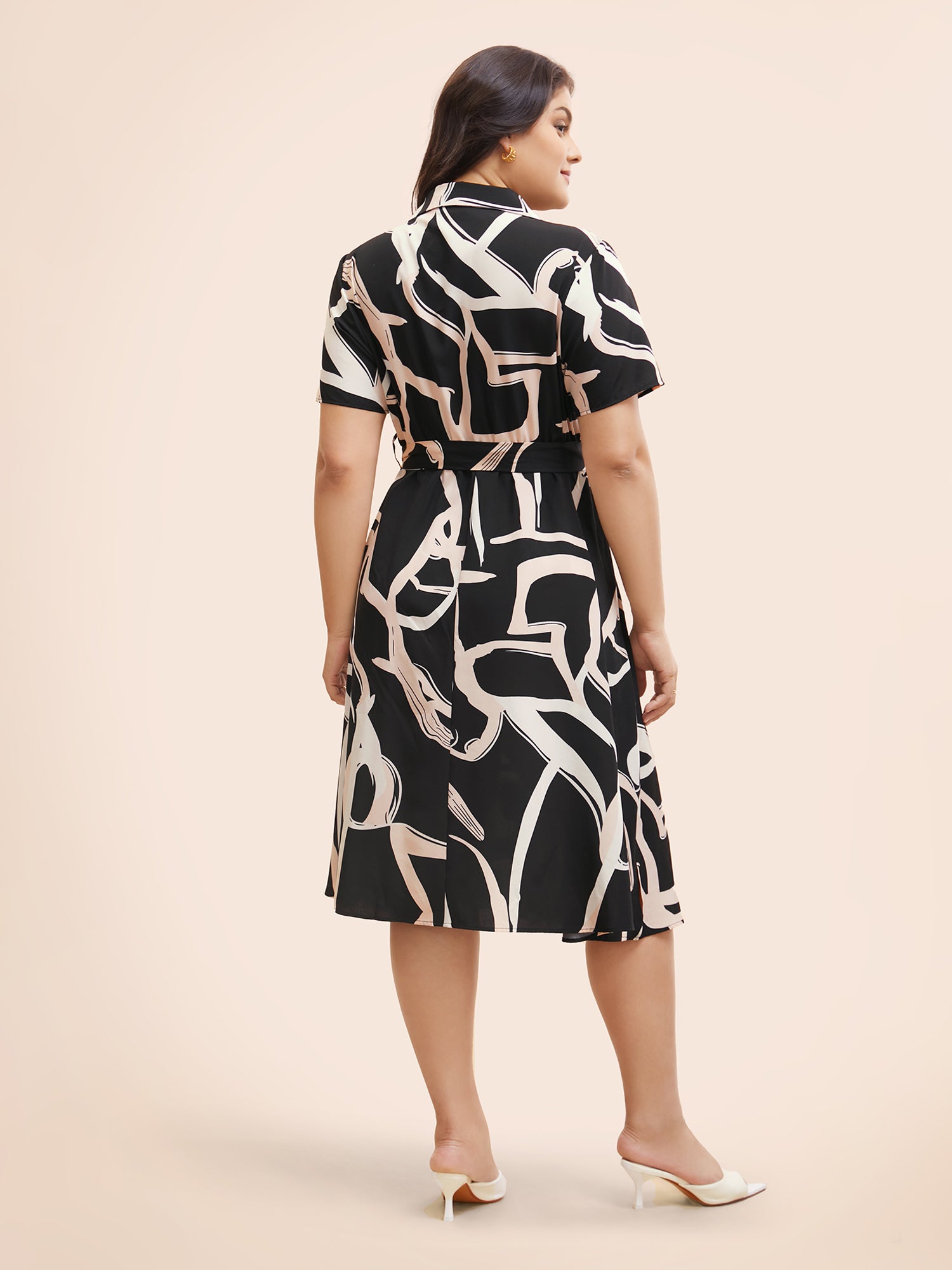 Geometric Shirt Collar Belted Midi Dress