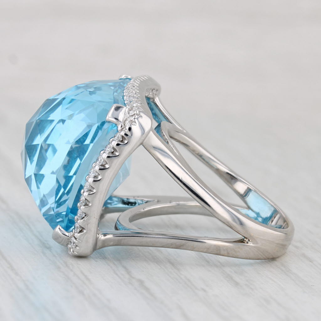 37.47ctw Blue Topaz Diamond Halo Ring 18k White Gold Size 6.5 Cocktail
